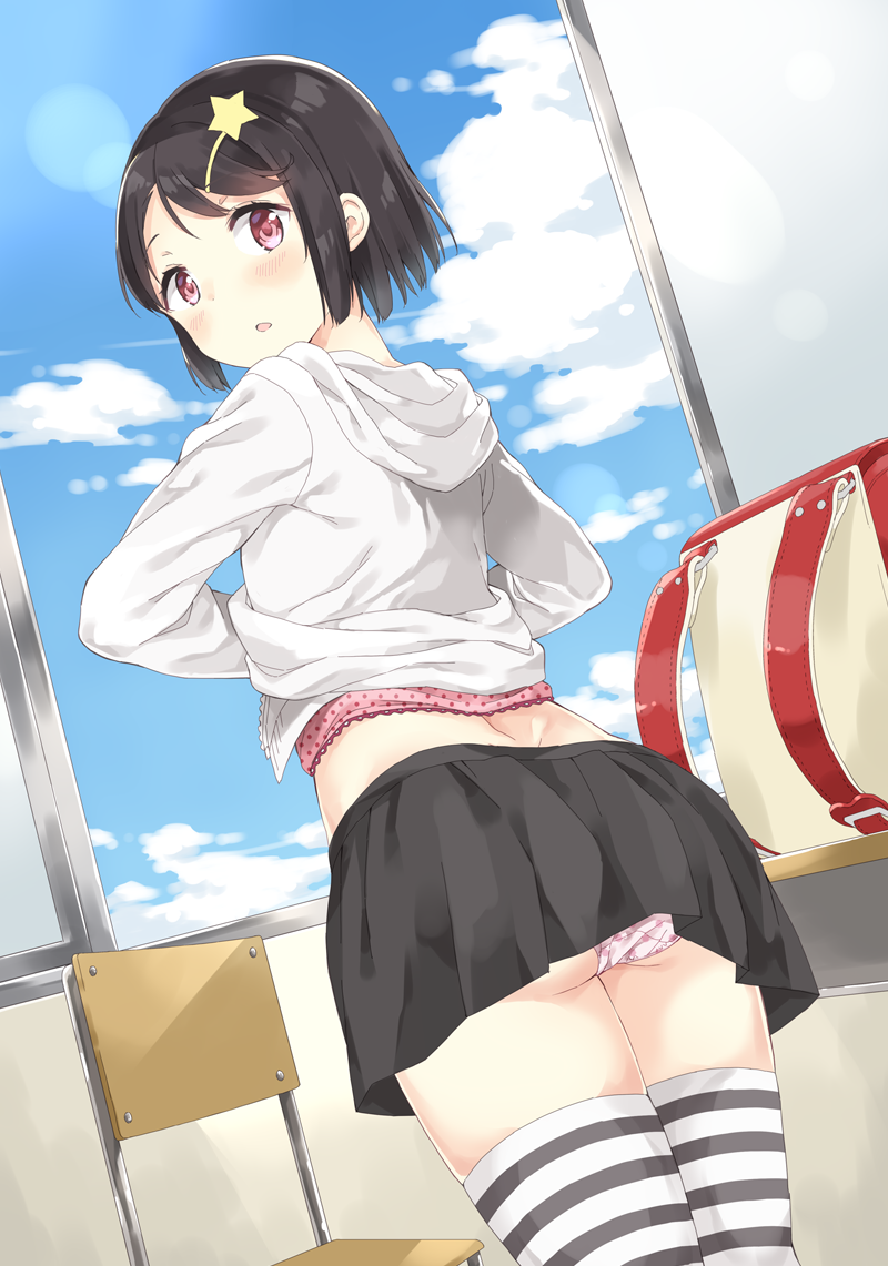1girl, :o, ass, backpack, bag, bangs, black_hair, black_skirt