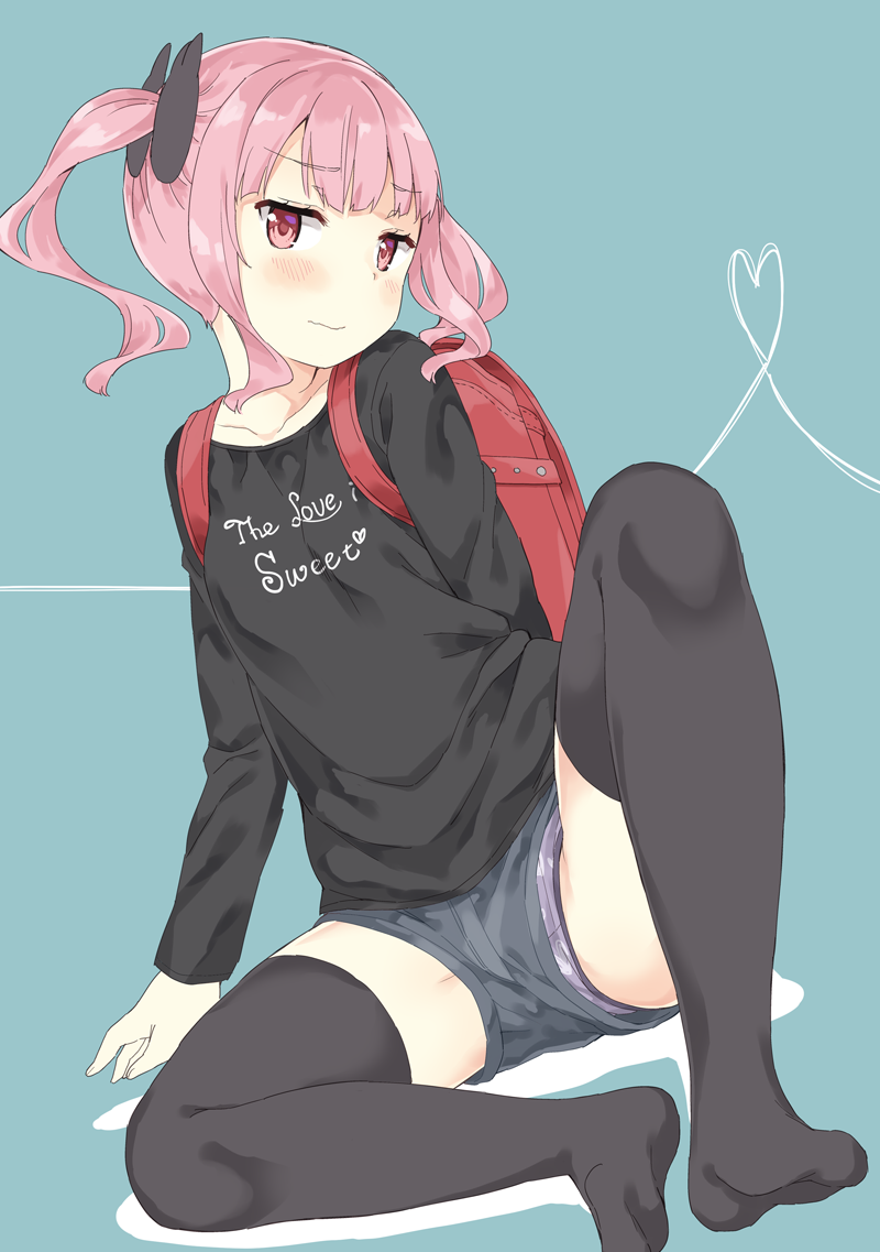 1girl, backpack, bag, bangs, black_bow, black_legwear, black_shirt, blue_background