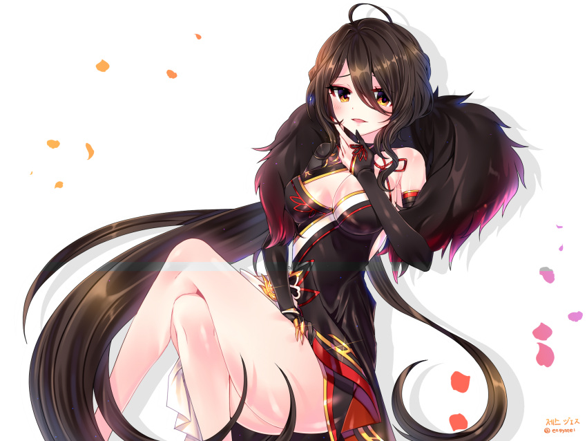 1girl, ara_han, black_hair, blush, breasts, claws, detached_sleeves, devi_(elsword)