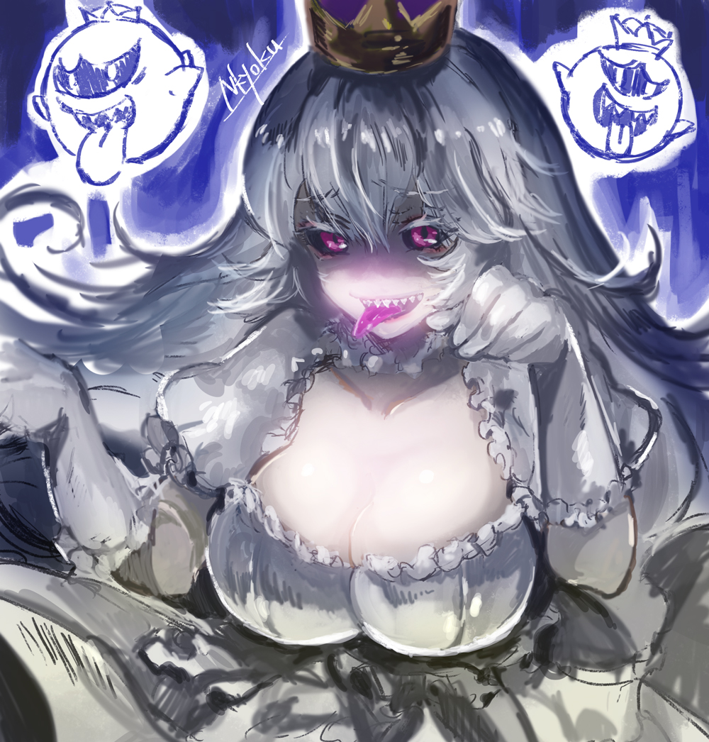 1girl, :d, bangs, black_sclera, breasts, cleavage, collarbone, colored_eyelashes