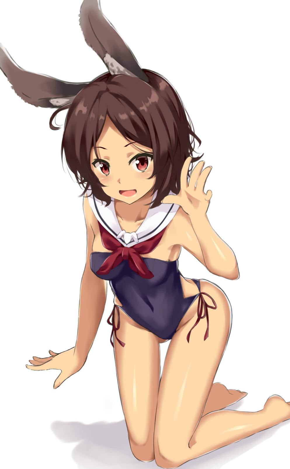 1girl, :d, animal_ears, azur_lane, bangs, bare_arms, bare_legs, bare_shoulders, barefoot, blue_swimsuit, blush, breasts, brown_hair, collarbone, commentary_request, dark_skin, eyebrows_visible_through_hair, fingernails, hand_up, highres, i-26_(azur_lane), kneeling, kohakope, looking_at_viewer, medium_breasts, neckerchief, open_mouth, parted_bangs, rabbit_ears, red_eyes, red_neckwear, sailor_collar, shadow, smile, soles, solo, strapless, strapless_swimsuit, swimsuit, white_background, white_sailor_collar
