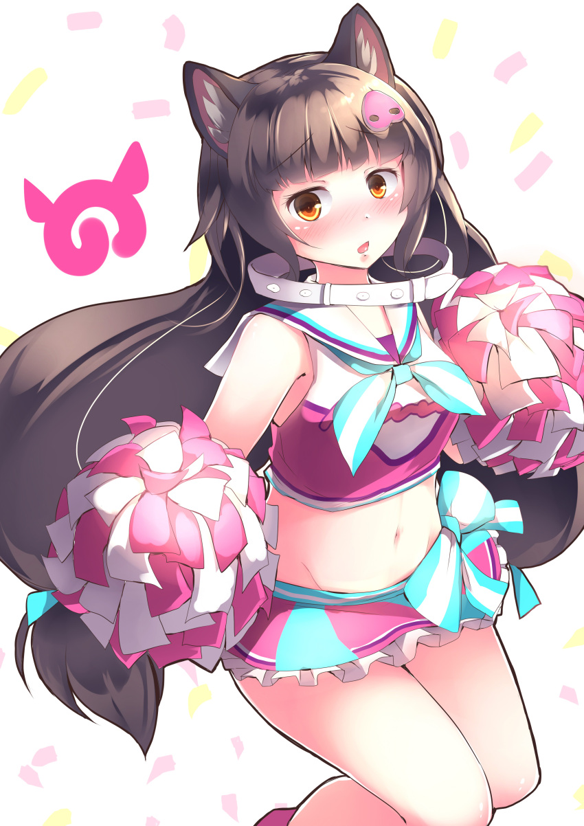 1girl, absurdres, alternate_costume, animal_ear_fluff, blush, bow, brown_hair, cheerleader