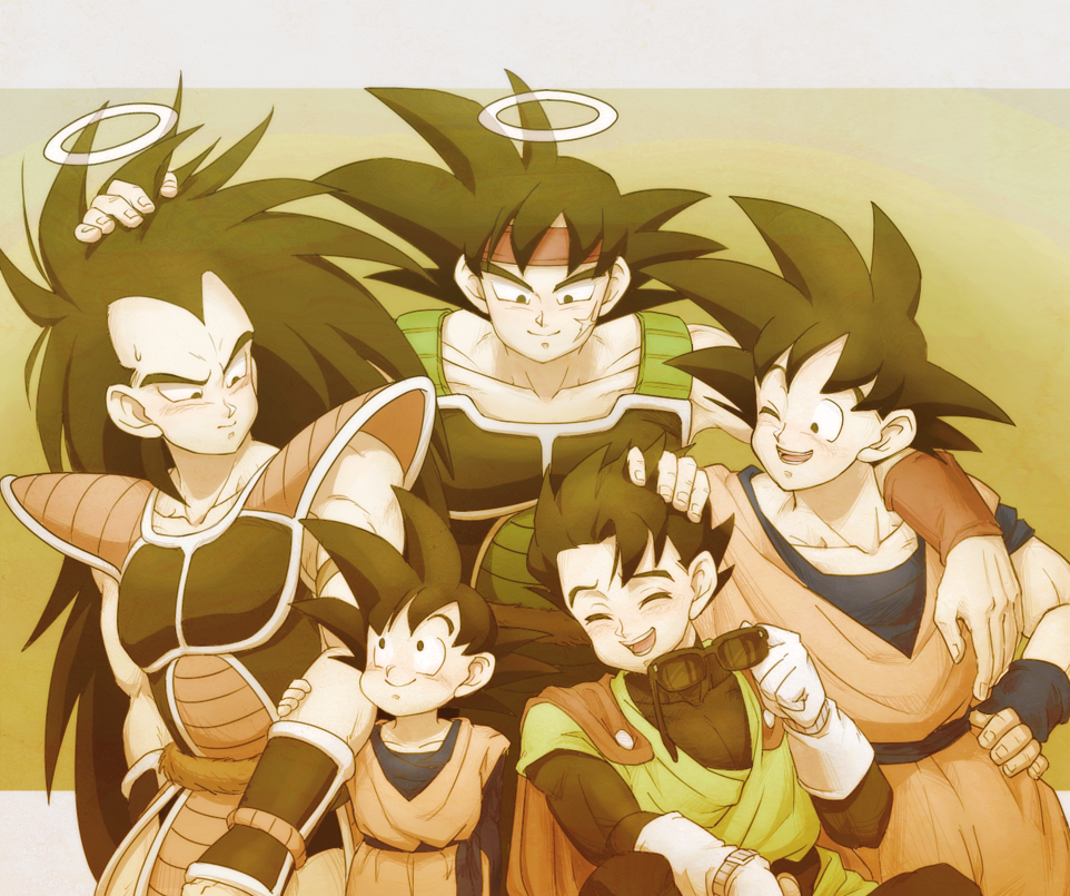 5boys, :d, ;d, ^_^, arm_around_shoulder, armor, bandanna, bardock