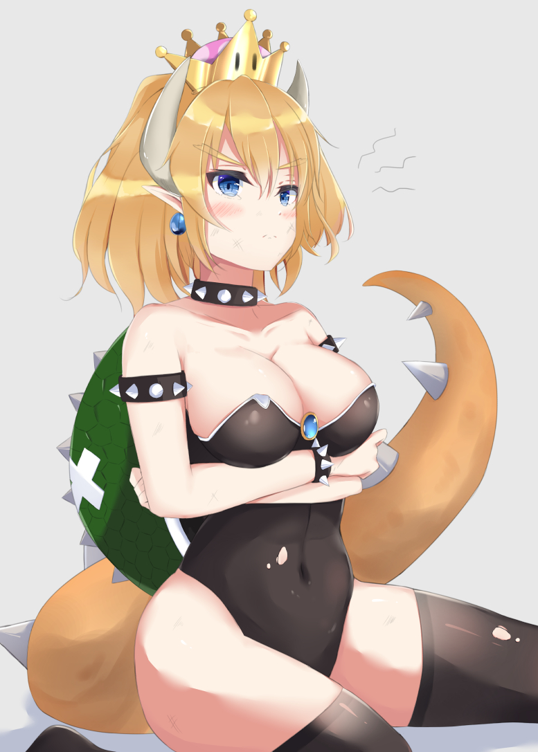 1girl, amakawa_ruka, arms_under_breasts, bandaid, bare_shoulders, black_legwear, black_leotard, blonde_hair