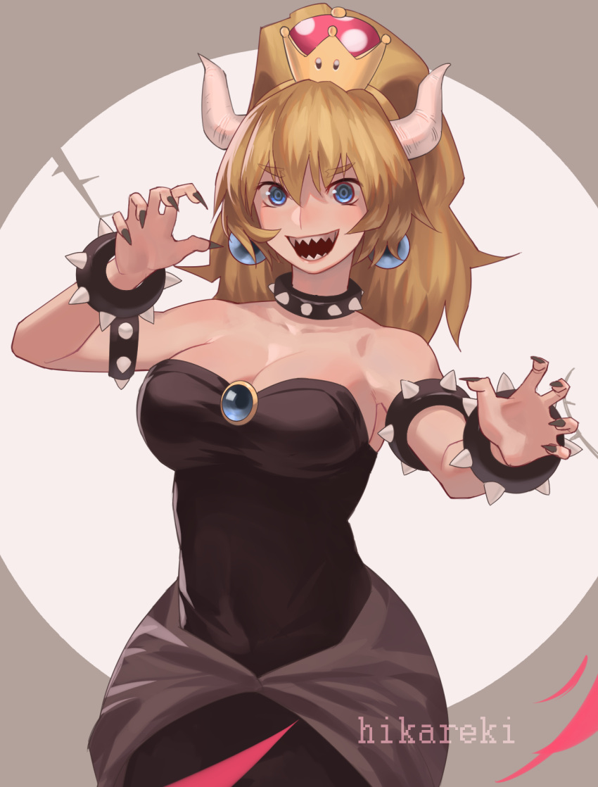 1girl, artist_name, bare_shoulders, black_dress, blonde_hair, blue_eyes, bowsette, bracelet