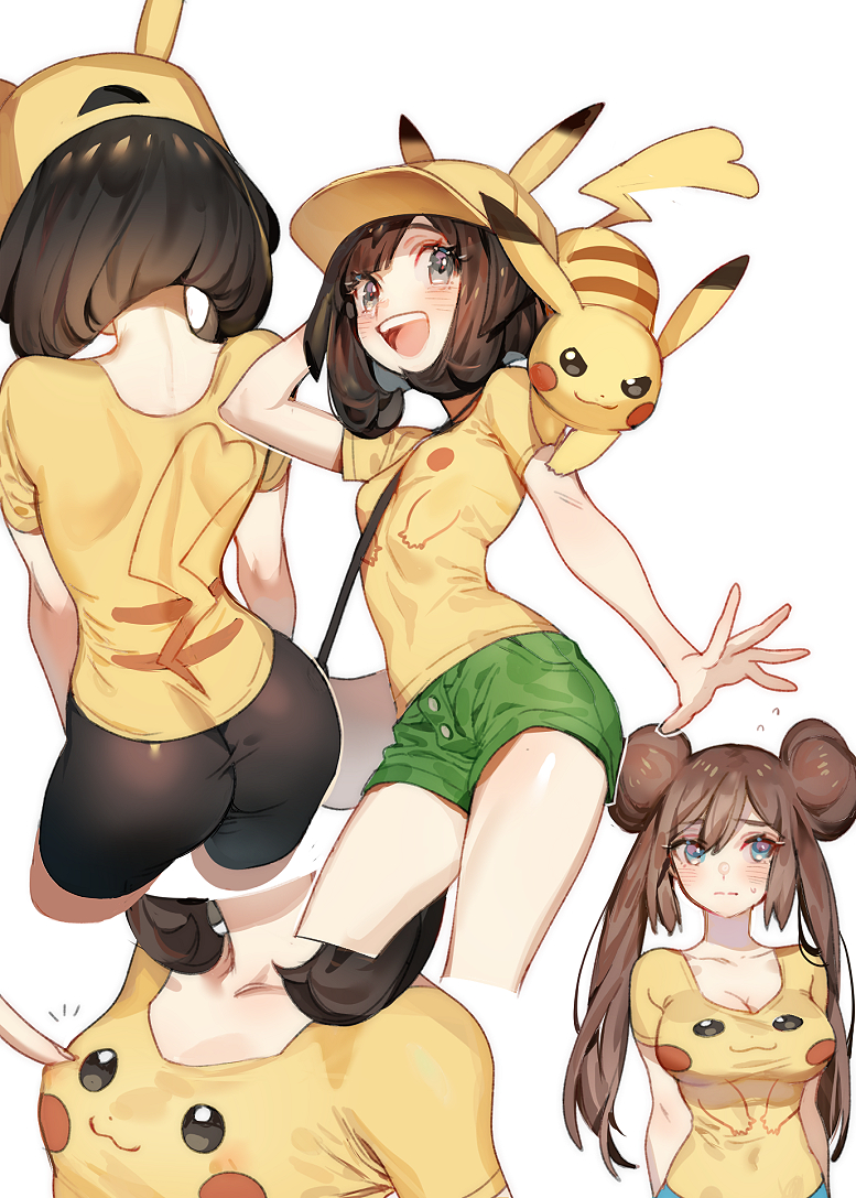 2girls, :d, :|, alternate_costume, animal, animal_on_shoulder, arm_up, arms_behind_back
