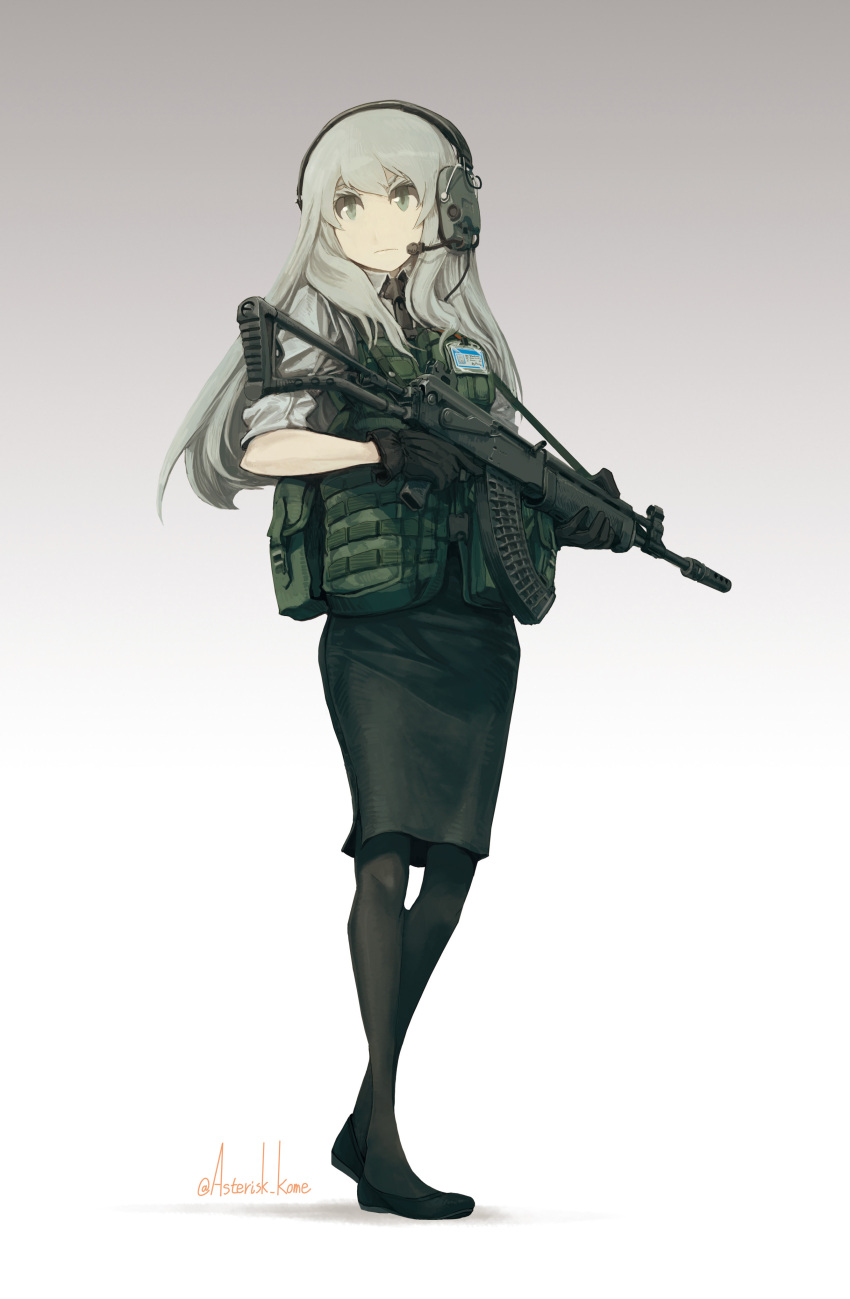 1girl, absurdres, assault_rifle, asterisk_kome, commentary, full_body, gloves, green_eyes, gun, headset, highres, holding, holding_gun, holding_weapon, id_card, load_bearing_vest, long_hair, necktie, original, pantyhose, pencil_skirt, rifle, rk95, silver_hair, skirt, solo, weapon, white_background