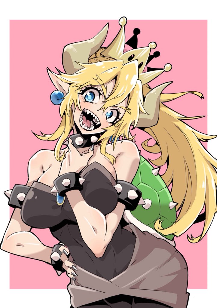 1girl, armlet, bare_shoulders, black_dress, black_nails, blonde_hair, blue_eyes, bowsette