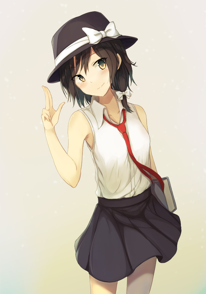 1girl, adapted_costume, armpits, black_skirt, blush, book, bow, brown_hair, closed_mouth, collared_shirt, cowboy_shot, fedora, fumei_(mugendai), grey_background, hair_bow, hand_up, hat, hat_bow, head_tilt, holding, holding_book, looking_at_viewer, medium_skirt, necktie, red_neckwear, shirt, short_hair, simple_background, skirt, sleeveless, sleeveless_shirt, smile, solo, touhou, usami_renko, white_bow, white_shirt, wing_collar, yellow_eyes