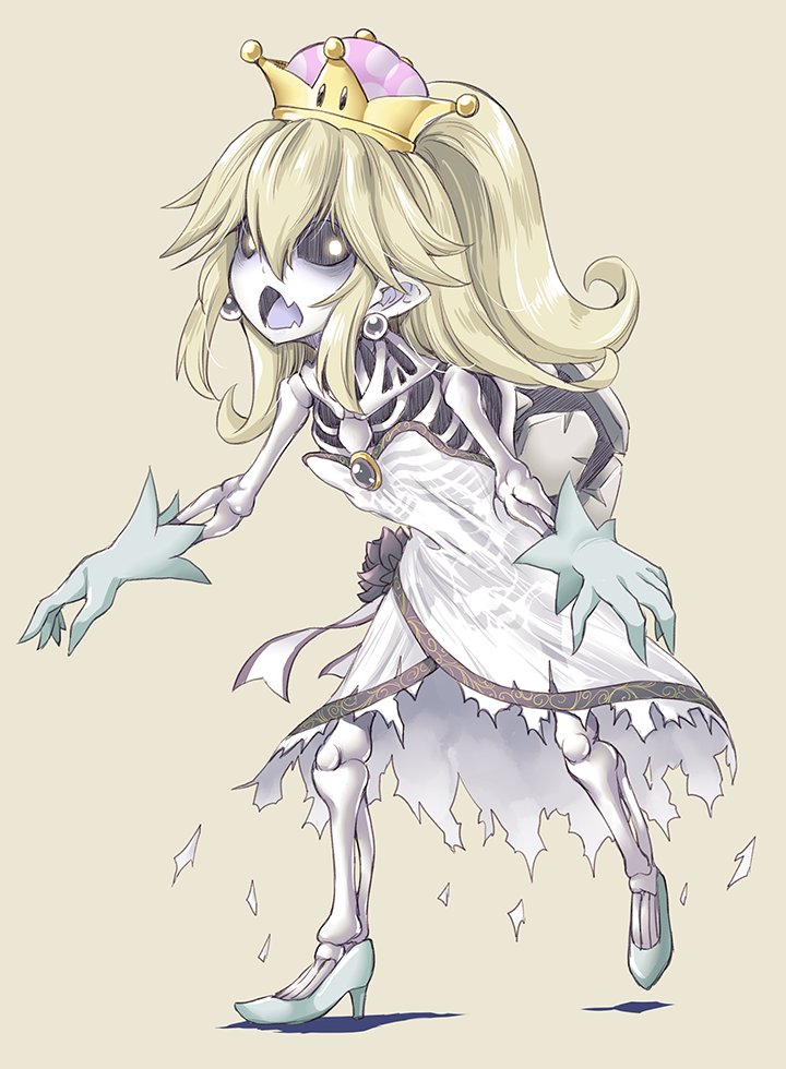 1girl, blonde_hair, dress, dry_bones, earrings, gloves, high_heels, jewelry