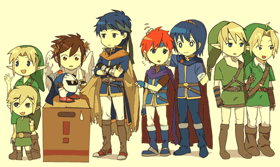 1other, 6+boys, blue_hair, box, brown_hair, cape, dual_persona, father_and_son, fire_emblem, fire_emblem:_fuuin_no_tsurugi, fire_emblem:_mystery_of_the_emblem, fire_emblem:_souen_no_kiseki, gloves, hairband, hal_laboratory_inc., headband, hoshi_no_kirby, ike, intelligent_systems, kid_icarus, kirby_(series), konami, link, male, marth, meta_knight, metal_gear_solid, nintendo, pit, pointy_ears, project_m, red_hair, redhead, roy, roy_(fire_emblem), solid_snake, sora_(company), super_smash_bros., super_smash_bros._ultimate, super_smash_bros_brawl, super_smash_bros_melee, the_legend_of_zelda, the_legend_of_zelda:_ocarina_of_time, the_wind_waker, toon_link, twilight_princess, wings, young_link