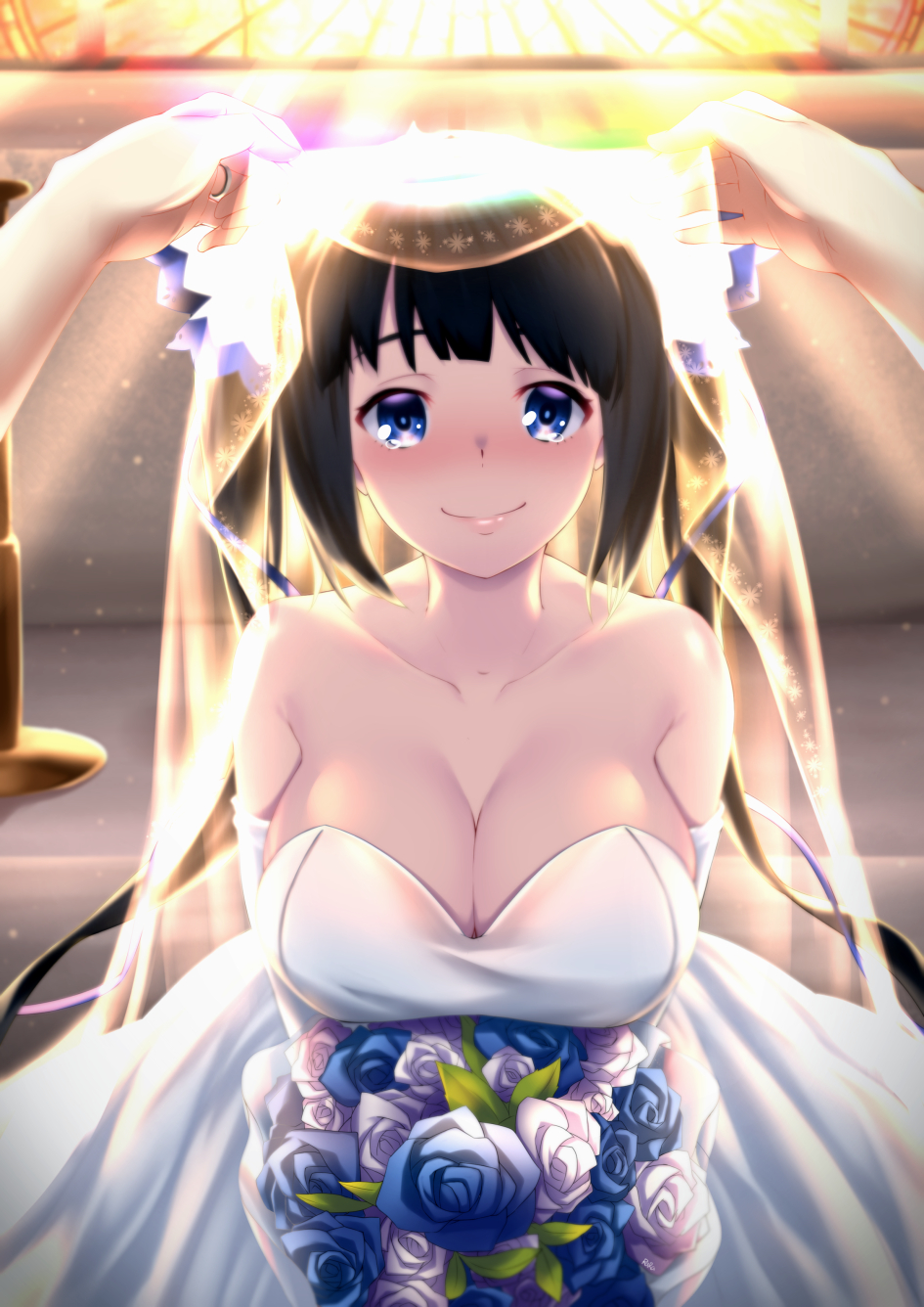1girl, black_hair, blue_eyes, blue_flower, blue_ribbon, blue_rose, blush, bouquet, breasts, bridal_veil, cleavage, collarbone, dress, dungeon_ni_deai_wo_motomeru_no_wa_machigatteiru_darou_ka, flower, hair_ribbon, hestia_(danmachi), highres, jewelry, large_breasts, long_hair, rara086, ribbon, ring, rose, smile, solo_focus, tears, twintails, veil, wedding_dress, white_dress, white_flower, white_rose