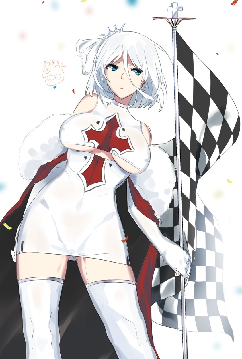 1girl, azur_lane, bangs, blue_eyes, breasts, cape, checkered, checkered_flag, cleavage, confetti, cross, cross_earrings, dress, earrings, elbow_gloves, eyebrows_visible_through_hair, flag, fur-trimmed_cape, fur_trim, gloves, hair_between_eyes, highres, holding_pole, jewelry, large_breasts, looking_at_viewer, mugino_kouji, off_shoulder, open_mouth, racequeen, red_cape, short_hair, sidelocks, silver_hair, simple_background, solo, thigh-highs, tiara, tight_dress, tirpitz_(azur_lane), underboob_cutout, white_background, white_dress, white_gloves, white_legwear, wind