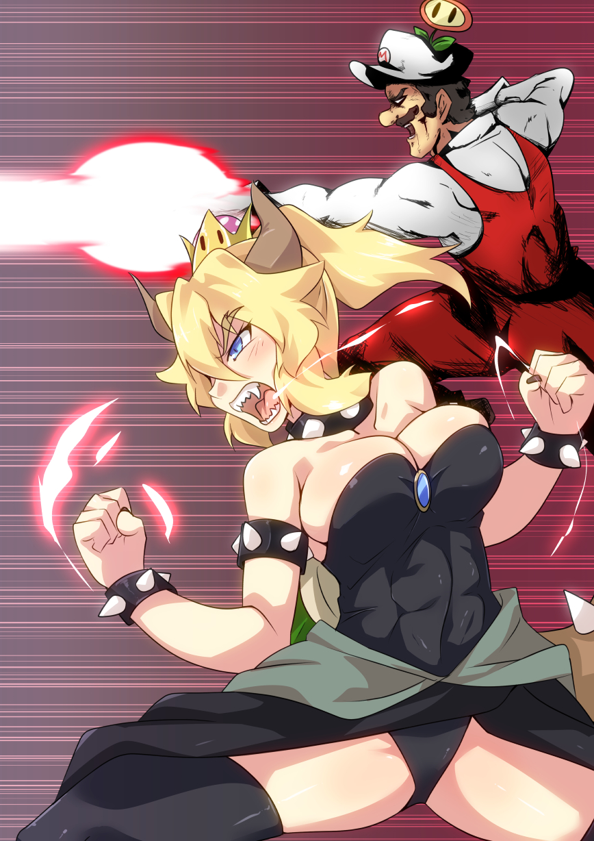 1boy, 1girl, abs, action, bangs, bare_shoulders, black_legwear, black_leotard, black_nails, black_skirt, blonde_hair, blush, borrowed_character, bowsette, bracelet, breasts, brooch, brown_hair, cabbie_hat, cleavage, clenched_hands, clenched_teeth, collar, commentary_request, cowboy_shot, earrings, energy, energy_beam, eyebrows, eyebrows_visible_through_hair, eyelashes, fangs, fighting_stance, fire_flower, firing, from_side, gloves, glowing, gradient, gradient_background, hair_between_eyes, hand_on_hip, hand_up, hat, highres, horns, jewelry, layered_clothing, leotard, light_blue_eyes, light_trail, long_sleeves, looking_afar, mario, super_mario_bros., medium_breasts, muscle, nail_polish, new_super_mario_bros._u_deluxe, nintendo, no_pupils, outline, overalls, ponytail, profile, red_background, red_overalls, roaring, sangue_llia, sharp_nails, sharp_teeth, shiny, shiny_clothes, shiny_hair, shiny_skin, shirt, short_hair, sidelocks, skindentation, skirt, spiked_bracelet, spiked_collar, spiked_shell, spikes, strapless, strapless_leotard, super_crown, teeth, thighs, toned, tsurime, white_gloves, white_hat, white_shirt