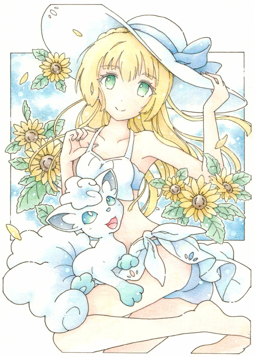 1girl, alolan_form, alolan_vulpix, bikini, blonde_hair, closed_mouth, creatures_(company), flower, game_freak, gen_1_pokemon, green_eyes, hand_on_headwear, hat, highres, inori_(pokemoart), lillie_(pokemon), long_hair, nintendo, open_mouth, pokemon, pokemon_(anime), pokemon_(creature), pokemon_sm_(anime), smile, sun_hat, swimsuit, white_hat