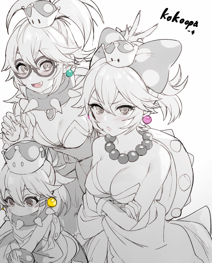 3girls, :d, bangs, bow, bracelet, breasts, chinako_(pixiv), cleavage