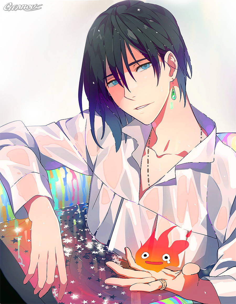 1boy, artist_name, black_hair, blue_eyes, calcifer, collared_shirt, gearous, howl_(howl_no_ugoku_shiro)