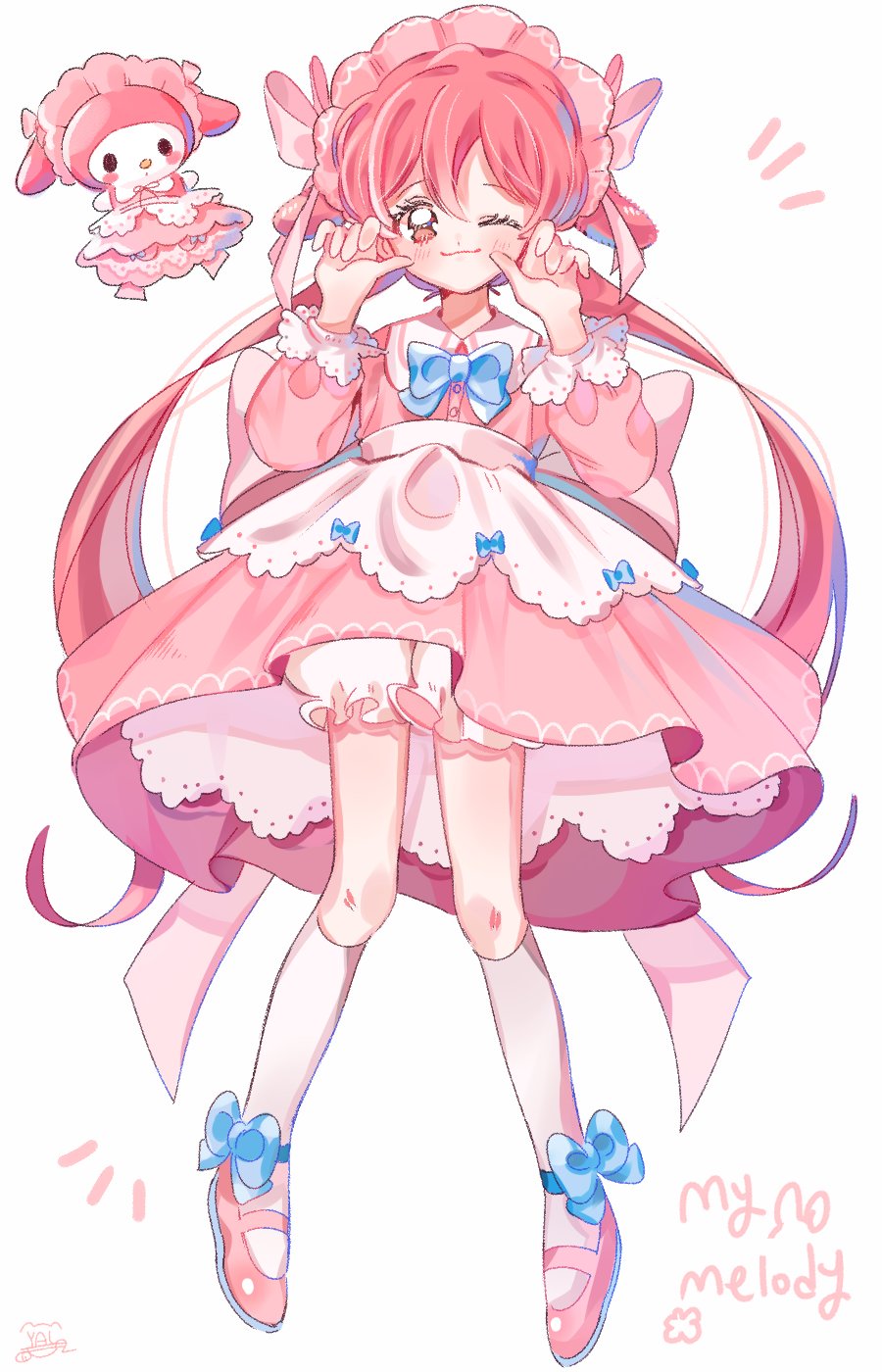 1girl, apron, bangs, blue_bow, blush, bow, character_name, dress