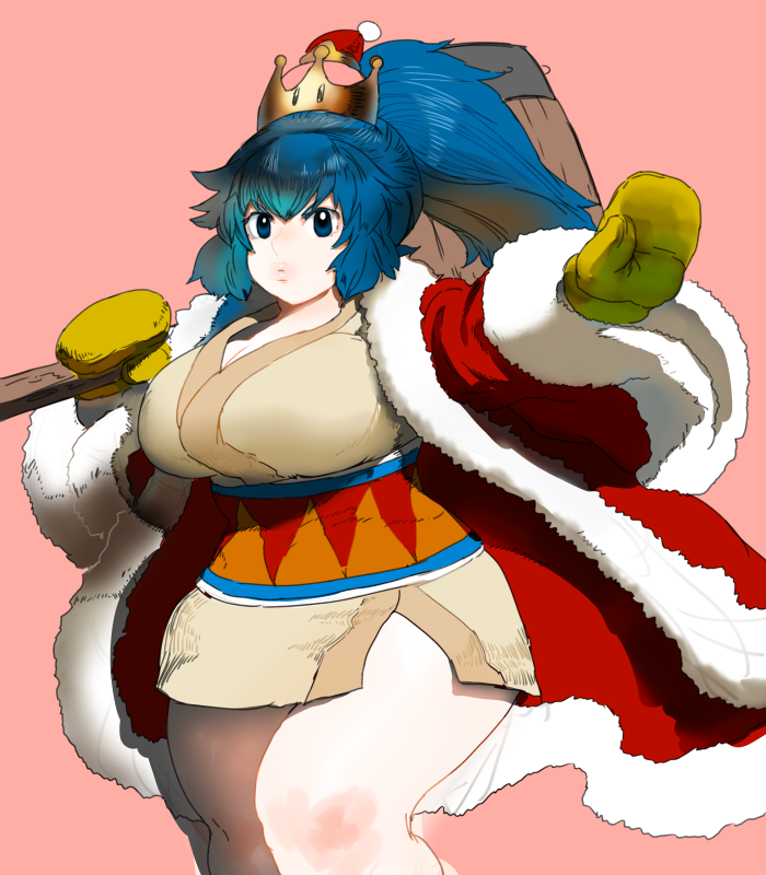 1girl, adapted_costume, bangs, blue_eyes, blue_hair, breasts, brown_dress, brown_gloves, cleavage, coat, curvy, dress, eyebrows_visible_through_hair, eyeshadow, fur_trim, gloves, hair_between_eyes, hammer, hat, hips, huge_breasts, king_dedede, kirby, kirby_(series), knee_up, leather, leather_gloves, legs, long_hair, long_ponytail, long_sleeves, makeup, super_mario_bros., new_super_mario_bros._u_deluxe, nintendo, open_hand, outstretched_arm, over_shoulder, oversized_object, parted_lips, pink_background, pink_lips, plump, red_coat, santa_hat, sash, scowl, shiny, shiny_hair, shiny_skin, side_slit, sidelocks, simple_background, solo, stomach, strapless, strapless_dress, super_crown, tetuhei, thick_lips, thick_thighs, thighs, tsurime, wide_hips, wide_sleeves