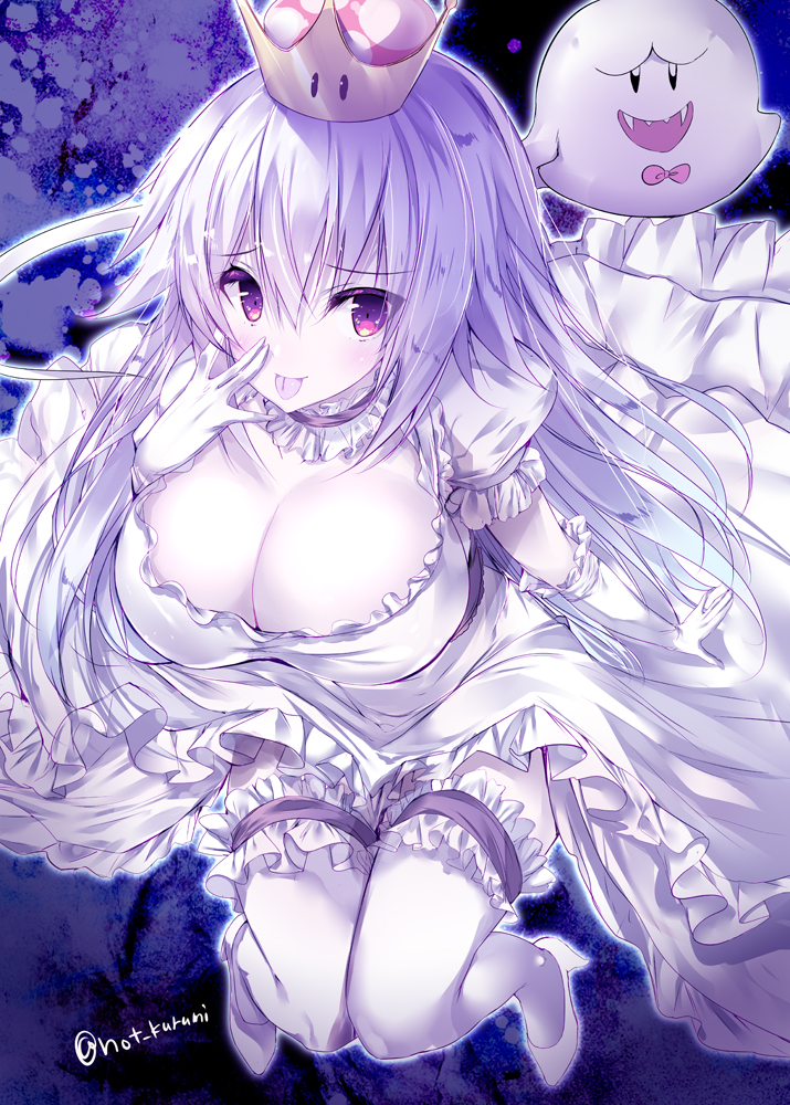 1girl, :d, :p, bangs, blush, boo, breasts, cleavage, closed_mouth, commentary_request, crown, dress, elbow_gloves, eyebrows_visible_through_hair, fangs, frilled_dress, frilled_gloves, frilled_legwear, frills, gloves, hair_between_eyes, hand_on_own_face, hand_up, high_heels, large_breasts, looking_at_viewer, luigi's_mansion, super_mario_bros., mini_crown, new_super_mario_bros._u_deluxe, nintendo, noto_kurumi, open_mouth, pale_skin, princess_king_boo, puffy_short_sleeves, puffy_sleeves, red_eyes, shoes, short_sleeves, smile, super_crown, thigh-highs, tongue, tongue_out, twitter_username, white_dress, white_footwear, white_gloves, white_legwear