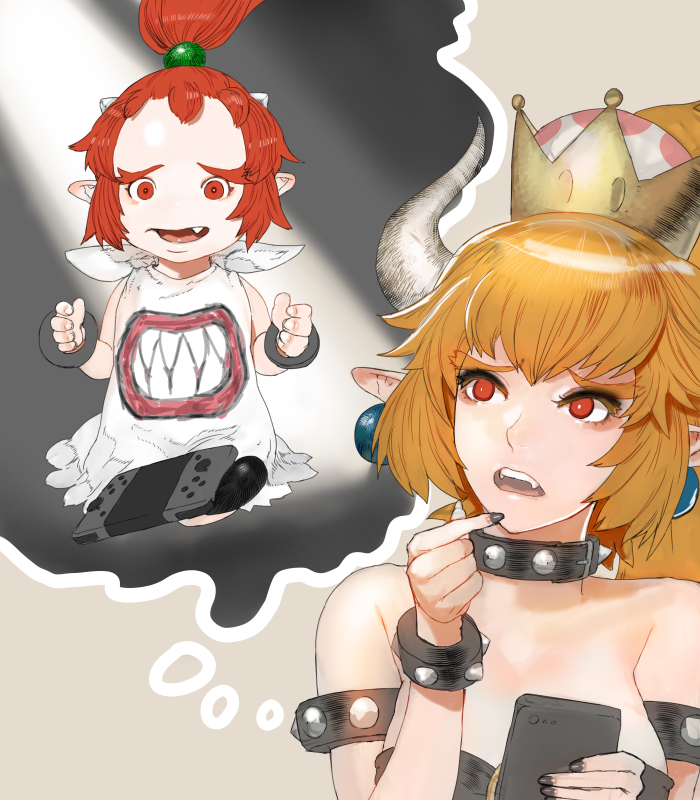 2girls, bare_shoulders, bib, black_dress, blonde_hair, bowsette, bowsette_jr., bracelet