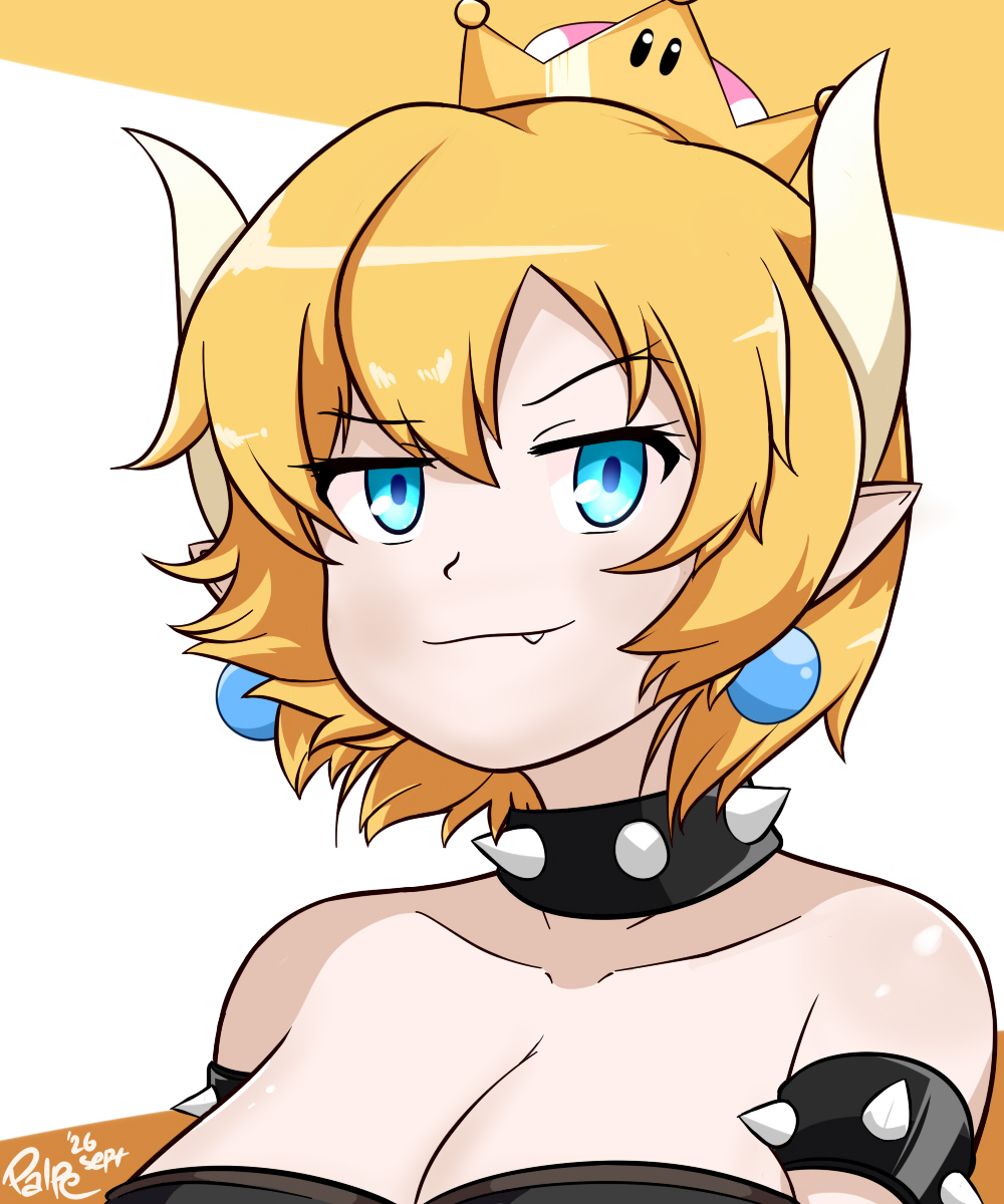 >:3, black_collar, blonde_hair, blue_eyes, bowsette, crown, earrings, fang, fang_out, highres, jewelry, palpe, self_upload, short_hair, simple_background, smug, solo, spikes, super_crown, upper_body