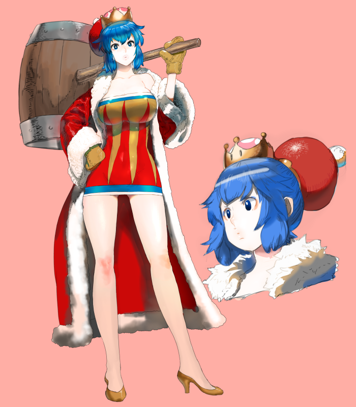 1girl, adapted_costume, bangs, blue_eyes, blue_hair, breasts, brown_footwear, brown_gloves, cleavage, coat, collarbone, dress, eyeshadow, face, from_side, full_body, fur_trim, gloves, hair_between_eyes, hammer, hand_on_hip, head_tilt, high_heels, hips, impossible_clothes, impossible_dress, king_dedede, kirby_(series), knees, large_breasts, leather, leather_gloves, legs, long_sleeves, makeup, super_mario_bros., multiple_views, new_super_mario_bros._u_deluxe, nintendo, over_shoulder, oversized_object, parted_lips, pink_background, pink_lips, red_coat, scowl, shiny, shiny_clothes, shiny_hair, shiny_skin, short_hair, sidelocks, simple_background, sketch, solo, standing, strapless, strapless_dress, super_crown, tetuhei, thick_lips, thighs, toned, tsurime, tube_dress, waist, wide_sleeves