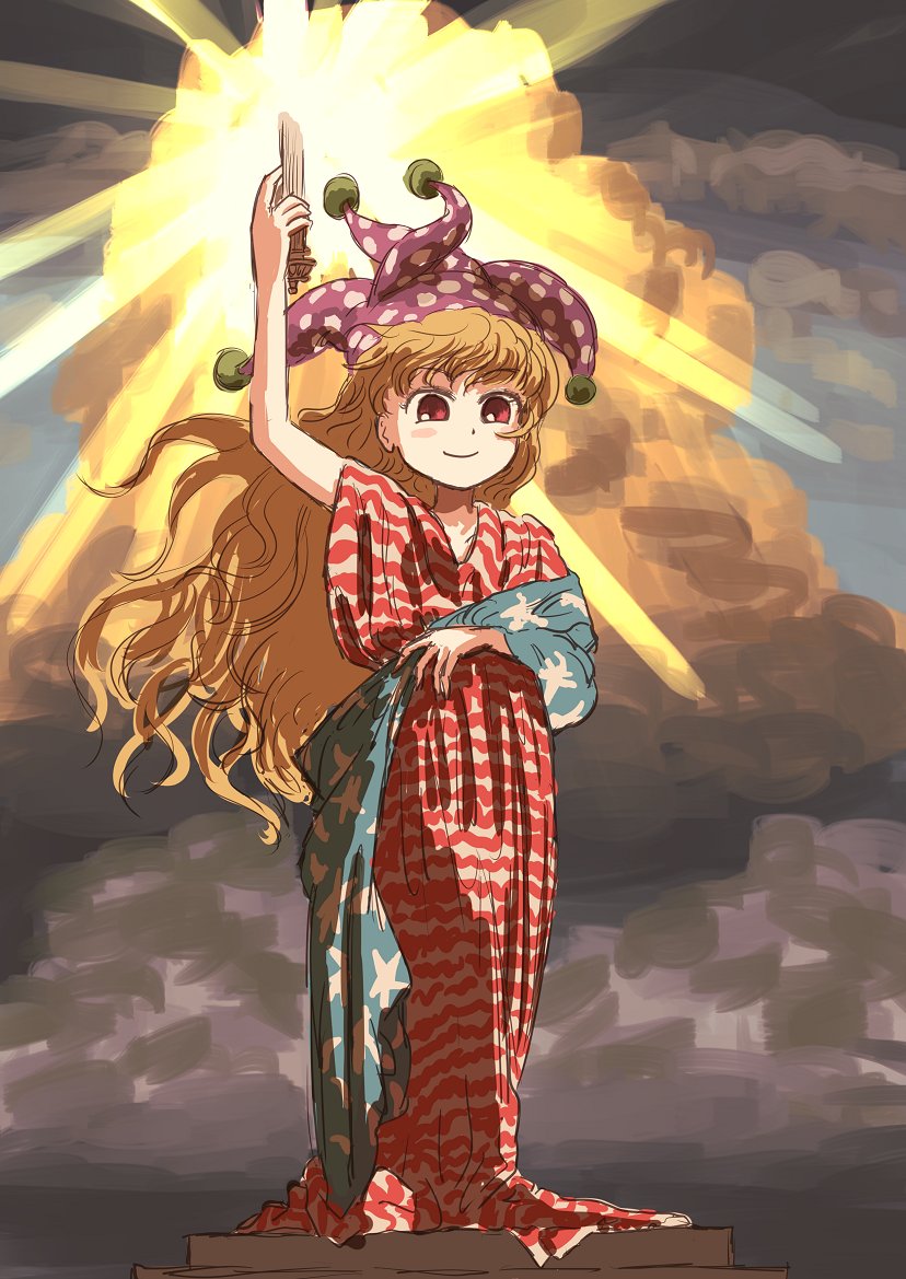 1girl, arm_up, blonde_hair, clownpiece, columbia_pictures, hat, jester_cap, kindei_(kondei26), long_hair, parody, red_eyes, smile, solo, touhou