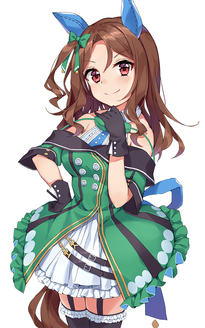 1girl, animal_ears, bare_shoulders, black_gloves, blush, bow, breasts, brown_eyes, brown_hair, chobi_(penguin_paradise), closed_mouth, cowboy_shot, dress, eyebrows_visible_through_hair, frilled_legwear, garter_straps, gloves, green_bow, hair_between_eyes, hair_bow, hand_on_hip, head_tilt, highres, horse_ears, horse_tail, king_halo, long_hair, looking_at_viewer, medium_breasts, simple_background, smile, solo, standing, tail, thigh-highs, umamusume, v-shaped_eyebrows, white_background