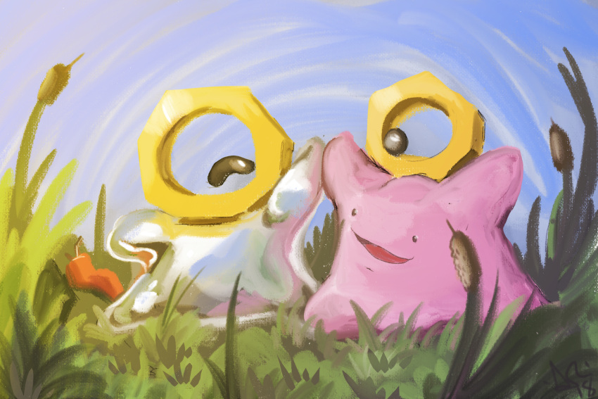 black_eyes, blue_sky, creatures_(company), day, ditto, eye_contact, game_freak, gen_1_pokemon