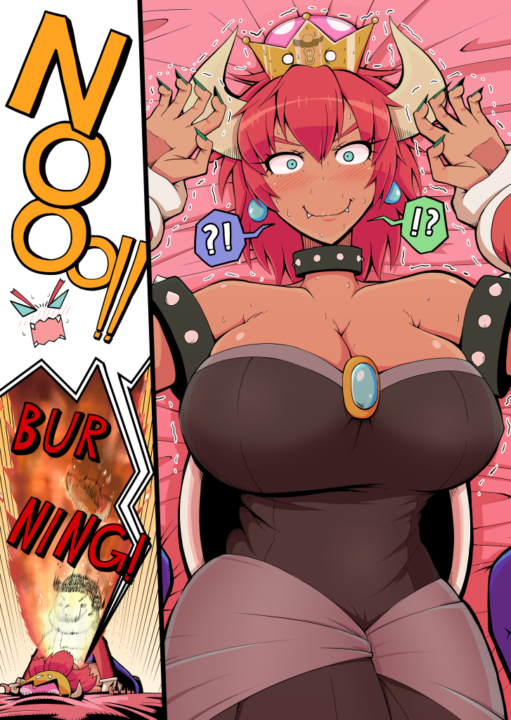 !?, 1boy, 1girl, aqua_earrings, aqua_eyes, bangs, bare_shoulders, black_dress, blush, bowsette, bracelet, breasts, breathing_fire, brooch, cabbie_hat, cleavage, collar, constricted_pupils, cowboy_shot, dark_skin, dress, embarrassed, emphasis_lines, english, eyelashes, facial_hair, fangs_out, fire, gloves, green_nails, hair_between_eyes, hat, hat_removed, head_tilt, headwear_removed, hips, horns, huge_breasts, inset, jewelry, looking_at_viewer, lying, super_mario_bros., mustache, nail_polish, nervous, new_super_mario_bros._u_deluxe, nintendo, nose_blush, on_back, on_bed, overalls, pantyhose, pinned, pororokka_(macareo), pov, puckered_lips, red_shirt, redhead, reflection, screaming, sharp_nails, shell, shiny, shiny_hair, shiny_skin, shirt, short_hair, skindentation, solo_focus, spiked_bracelet, spiked_collar, spikes, spoken_interrobang, strapless, strapless_dress, super_crown, teeth, trembling, waist, white_gloves