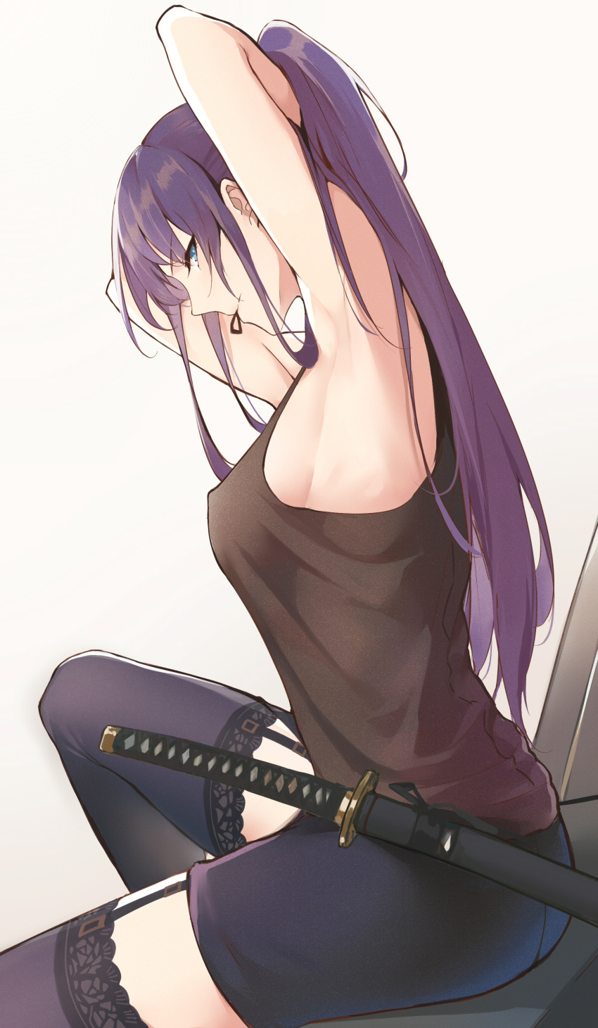1girl, absurdres, armpits, arms_up, bangs, black_legwear, black_skirt, blue_eyes