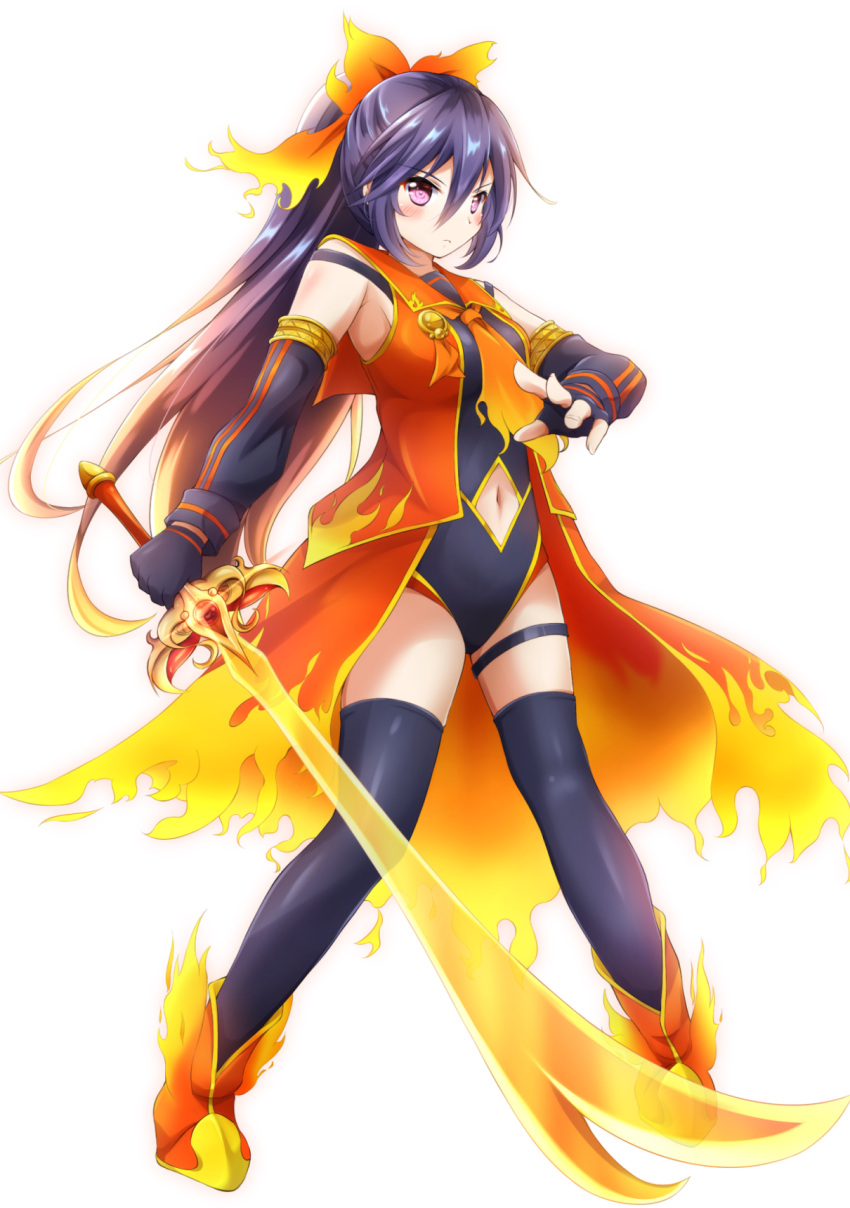1girl, armpits, bangs, black_gloves, black_legwear, blush, boots, bow, commentary_request, detached_sleeves, diffraction_spikes, eyebrows_visible_through_hair, fantasy_project, fingerless_gloves, flame_print, frown, full_body, gloves, gradient_hair, gradient_neckwear, gu-rahamu_omega_x, hair_between_eyes, hair_bow, highres, holding, holding_sword, holding_weapon, legs_apart, leotard, looking_at_viewer, multicolored_hair, navel, navel_cutout, neckerchief, orange_footwear, orange_neckwear, orange_sailor_collar, ponytail, purple_hair, sailor_collar, shimo_(fantasy_project), sidelocks, simple_background, solo, sword, thigh-highs, thigh_strap, transparent, transparent_sword, violet_eyes, weapon, white_background