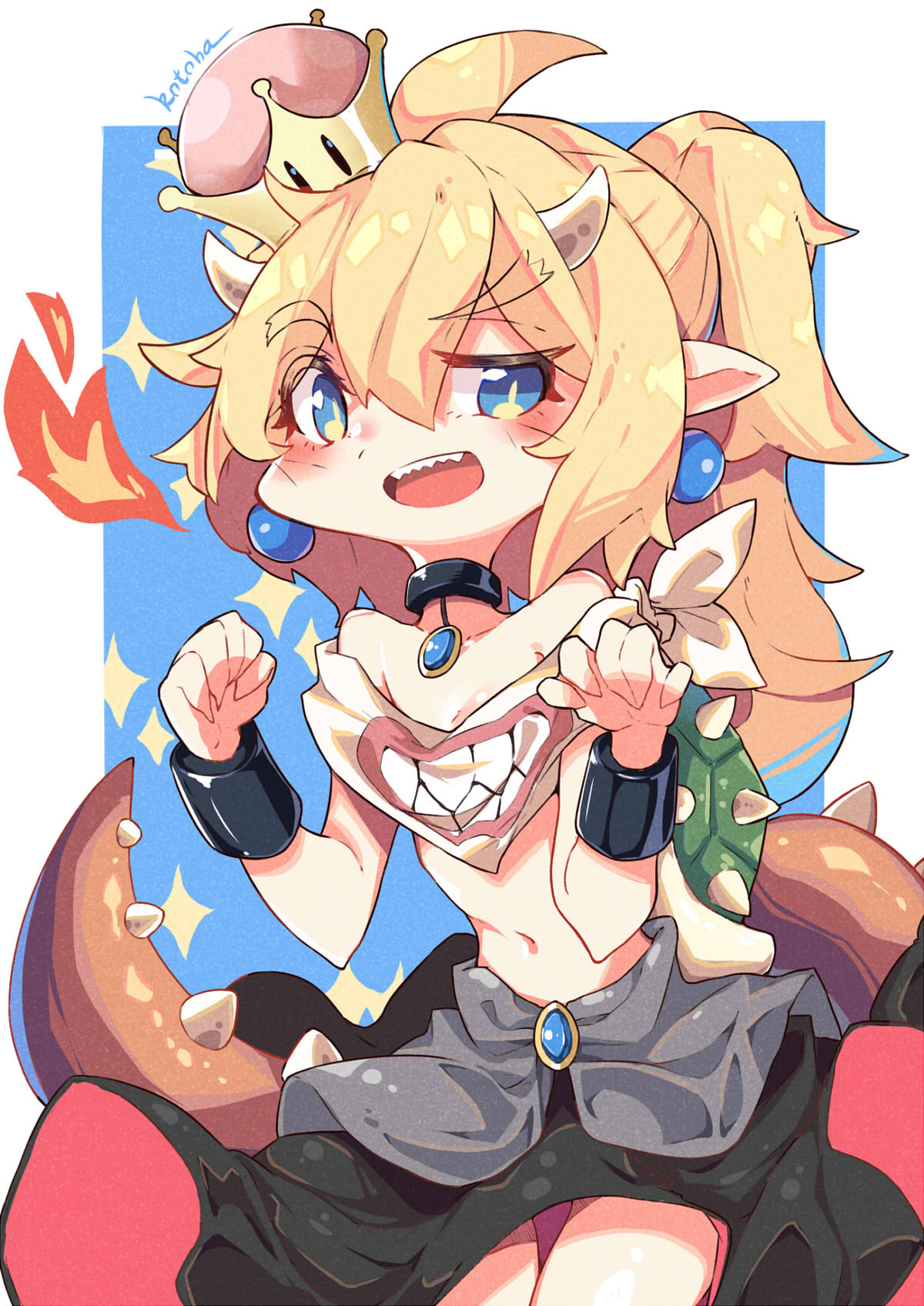 1girl, :d, bare_shoulders, bib, black_skirt, blonde_hair, blue_eyes, blush, bowsette_jr., cowboy_shot, crown, eyebrows_visible_through_hair, fire, genderswap, genderswap_(mtf), highres, horns, kotoba_(1074421015), long_hair, looking_at_viewer, super_mario_bros., navel, new_super_mario_bros._u_deluxe, nintendo, open_mouth, pointy_ears, ponytail, sharp_teeth, skirt, smile, solo, sparkle, spikes, super_crown, super_mario_bros., tail, teeth, thick_eyebrows, turtle_shell, uneven_eyes