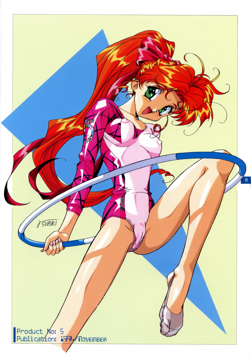 1994, 90s, absurdres, clothes_writing, dated, erect_nipples, green_eyes, gymnast_leotard
