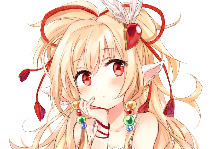 :o, animal_ears, blonde_hair, blush, bracelet, eyebrows_visible_through_hair, granblue_fantasy, hair_ornament, hand_on_own_face, hari_(ribanie), harvin, highres, jewelry, mahira_(granblue_fantasy), pointy_ears, red_eyes, simple_background, white_background
