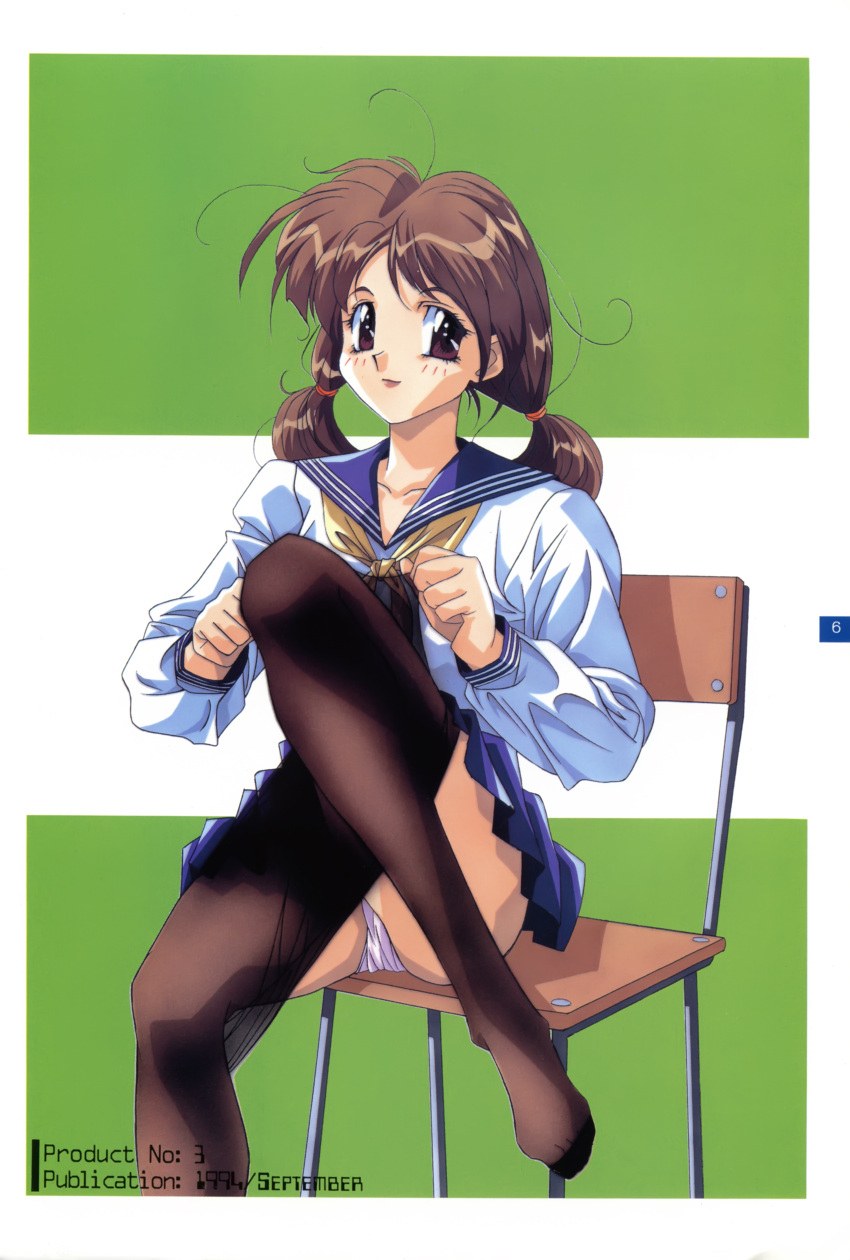 1994, 90s, absurdres, blue_skirt, brown_eyes, brown_hair, chair, dated