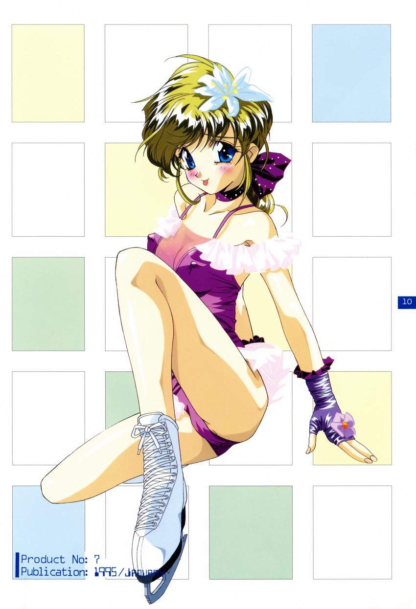 1995, 1girl, 90s, absurdres, blonde_hair, blue_eyes, blush, breasts