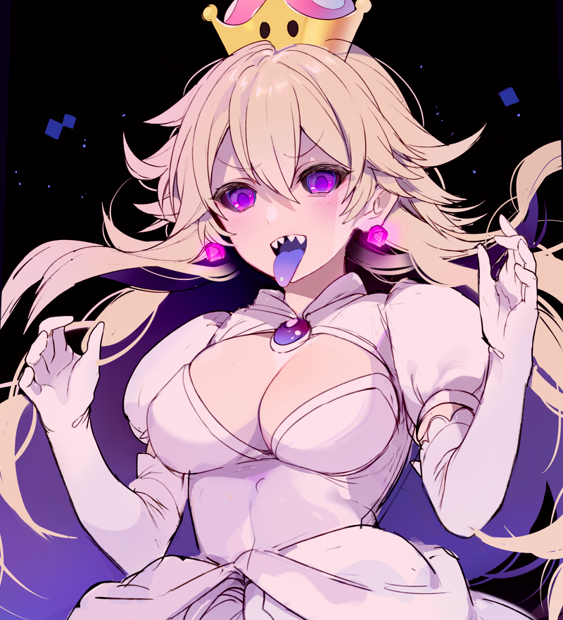 1girl, bangs, black_sclera, blonde_hair, breasts, brooch, chinako_(pixiv), cleavage, crown, dress, earrings, elbow_gloves, eyebrows_visible_through_hair, genderswap, genderswap_(mtf), gloves, hair_between_eyes, jewelry, long_hair, long_tongue, looking_at_viewer, luigi's_mansion, super_mario_bros., medium_breasts, new_super_mario_bros._u_deluxe, nintendo, princess_king_boo, puffy_short_sleeves, puffy_sleeves, purple_tongue, sharp_teeth, short_sleeves, solo, super_crown, teeth, tongue, tongue_out, v-shaped_eyebrows, very_long_hair, violet_eyes, white_dress, white_gloves