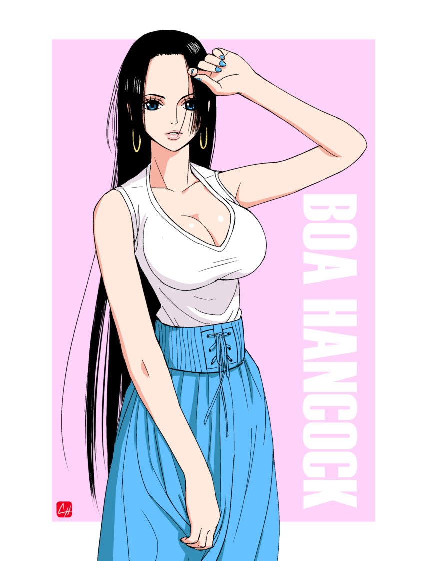 1girl, black_hair, blue_eyes, blue_nails, blue_skirt, boa_hancock, breasts, character_name, chris_re5, cleavage, earrings, high-waist_skirt, highres, hoop_earrings, jewelry, large_breasts, lips, long_hair, looking_at_viewer, nail_polish, one_piece, parted_lips, skirt, solo, very_long_hair