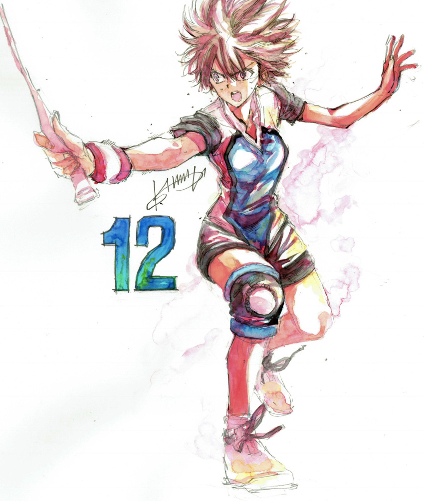 1girl, aragaki_nagisa, badminton_racket, bodysuit, brown_eyes, brown_hair, commentary_request, full_body