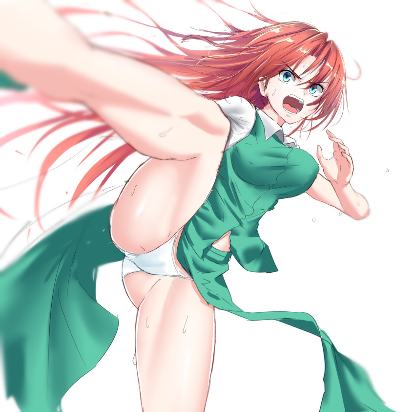 1girl, ass, blue_eyes, bouncing_breasts, breasts, dress, green_dress, highres