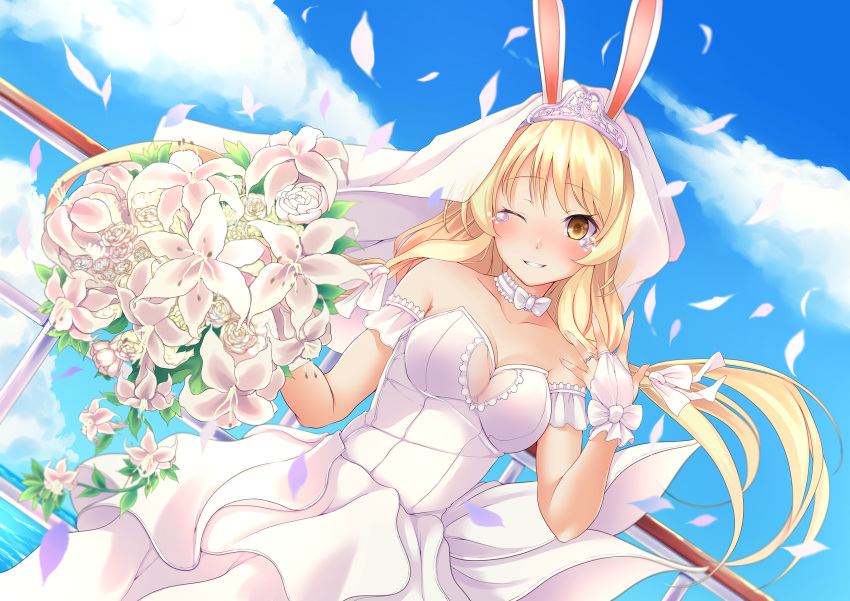 1girl, animal_ears, azur_lane, benson_(azur_lane), blonde_hair, bouquet, breasts, bride