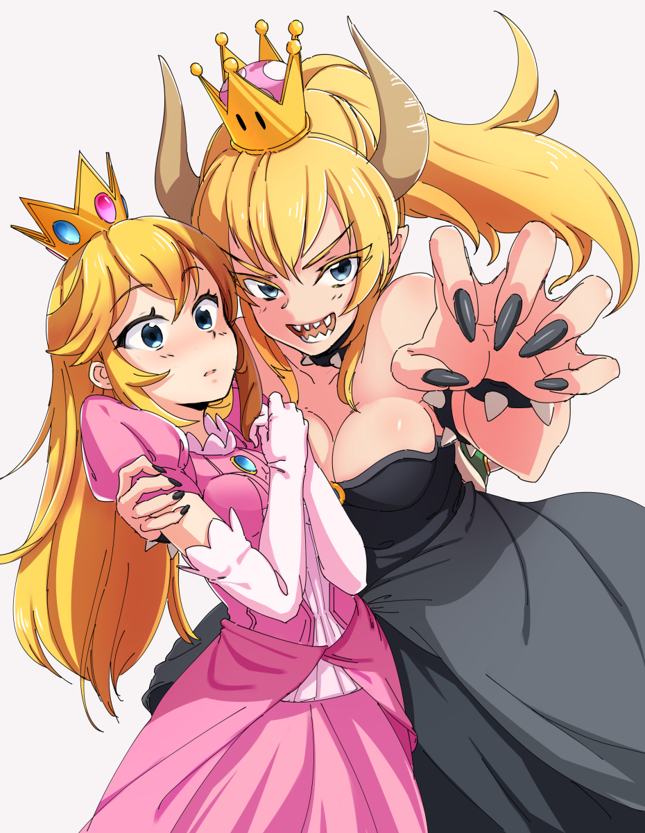 2girls, black_dress, black_nails, blonde_hair, blue_eyes, bowsette, breasts, cleavage, crown, dress, elbow_gloves, fingernails, genderswap, genderswap_(mtf), gloves, hand_on_another's_shoulder, highres, horns, long_hair, looking_at_viewer, super_mario_bros., medium_breasts, multiple_girls, nail_polish, naruta_(m_rem), new_super_mario_bros._u_deluxe, nintendo, pink_dress, princess, princess_peach, puffy_short_sleeves, puffy_sleeves, sharp_fingernails, sharp_teeth, short_sleeves, sleeveless, sleeveless_dress, smile, teeth, yuri