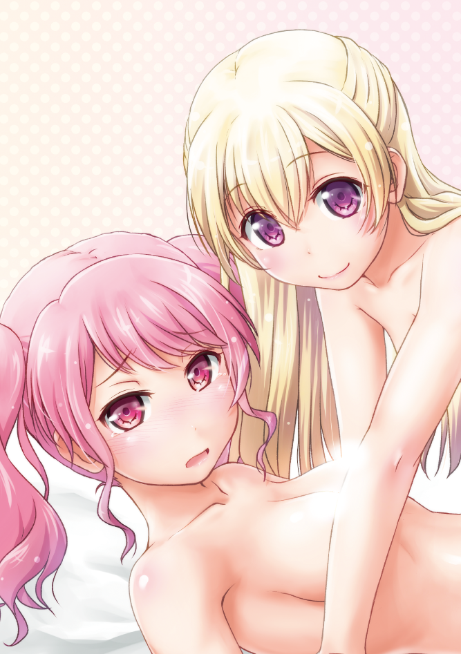 2girls, ayama_yuiya, bang_dream!, bangs, blonde_hair, breasts, closed_mouth, eyebrows_visible_through_hair, long_hair, maruyama_aya, multiple_girls, open_mouth, pink_eyes, pink_hair, shirasagi_chisato, violet_eyes, yuri
