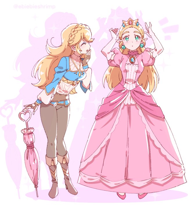 2girls, blonde_hair, braid, cosplay, costume_switch, crown, dress, gloves
