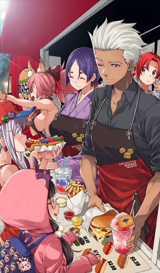 1boy, 5girls, :o, animal_ears, apron, archer, backpack, bag