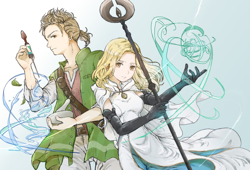 1boy, 1girl, alfyn_(octopath_traveler), blonde_hair, dress, gloves, highres, jewelry, long_hair, octopath_traveler, open_mouth, ophilia_(octopath_traveler), ponytail, rico_ot, short_hair, simple_background, smile, staff, white_background