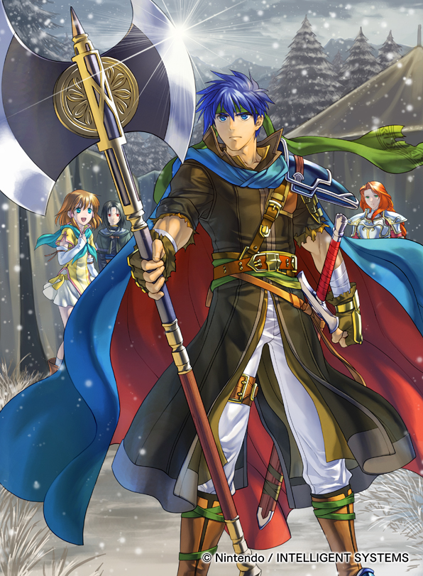 2boys, 2girls, armor, axe, black_hair, blue_eyes, blue_hair, braid