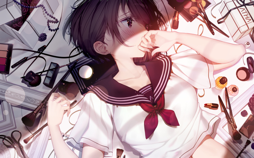 1girl, atha_(leejuiping), bangs, black_sailor_collar, blush, breasts, brown_eyes, brown_hair